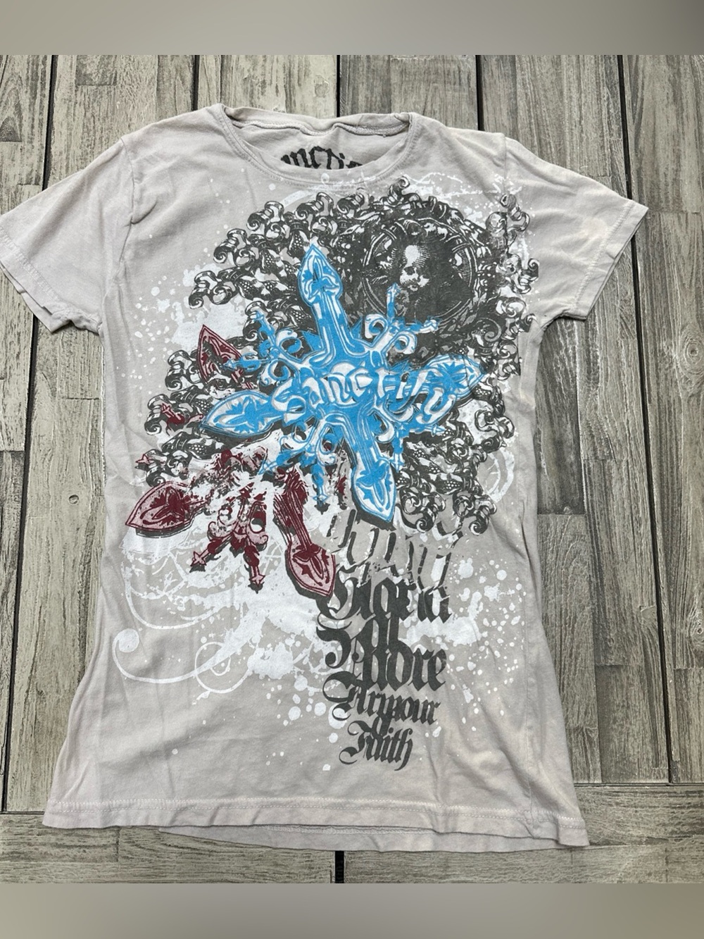 Vintage Y2k Sanctify Cross Graphic Tshirt Womens Small Beige Grunge Goth